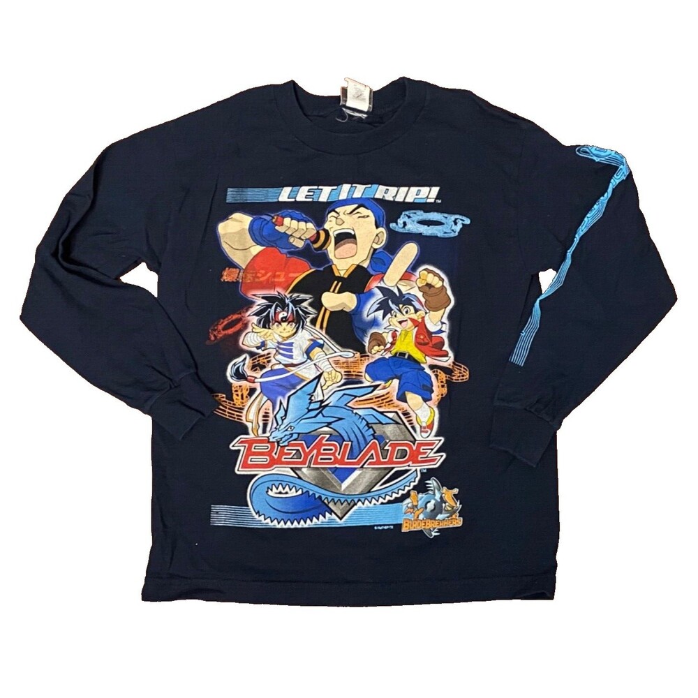 Vtg Y2K BEYBLADE Long Sleeve T-SHIRT ANIME Kids M Blue Let it Rip Bladebreakers
